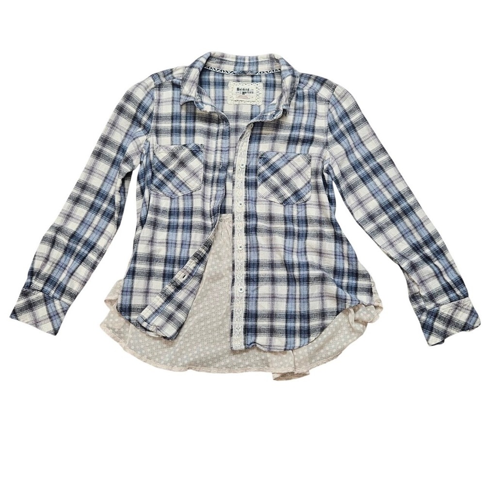 Holding Horses Anthropologie Plaid Mixed Media Peplum Shirt Blue XS Lace Trim